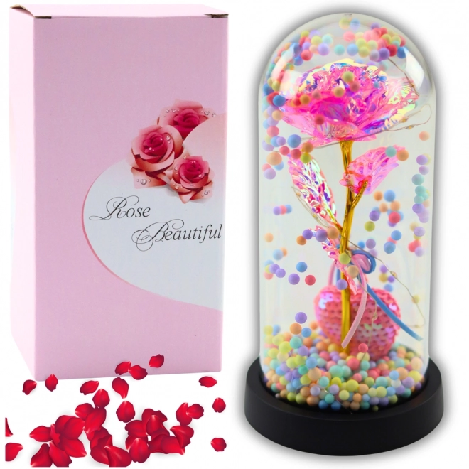 Rose éternelle rose sous cloche avec éclairage LED