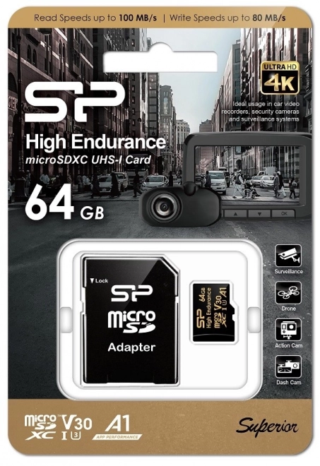 Carte mémoire microSDXC Haute Endurance 64GB V30 UHS-1 U3 A1 24/7 + ADAPTATEUR microSD-SD