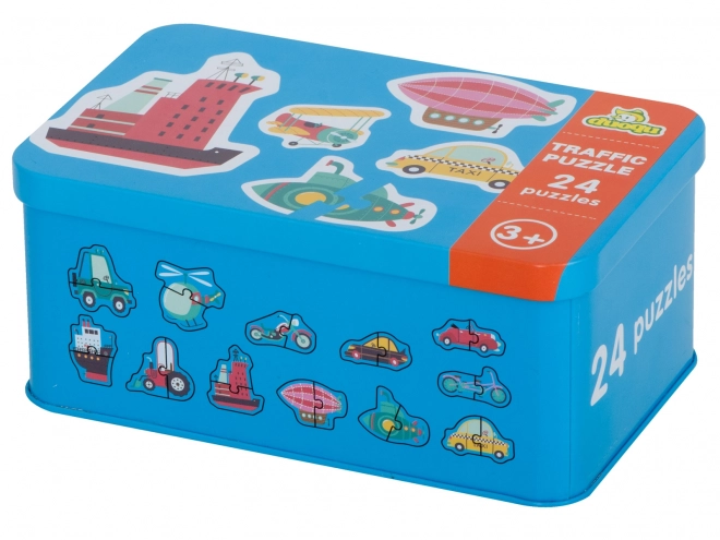 Puzzle avec motifs de moyens de transport dans une boîte en métal