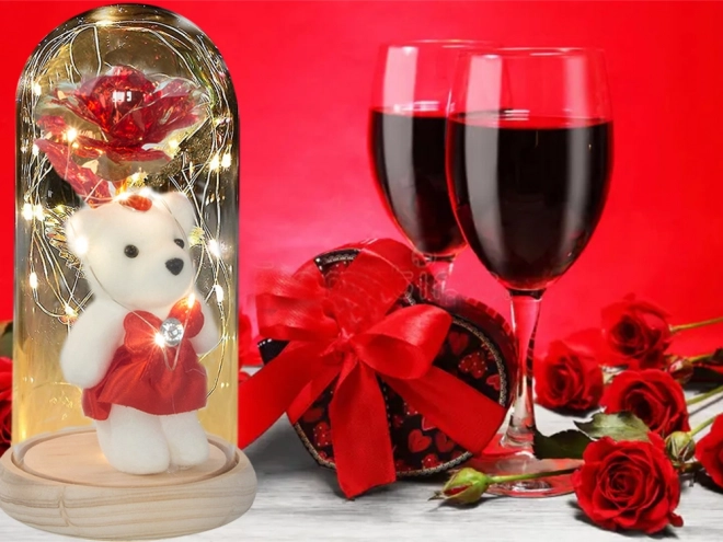 Rose éternelle avec ourson dans une boîte en verre