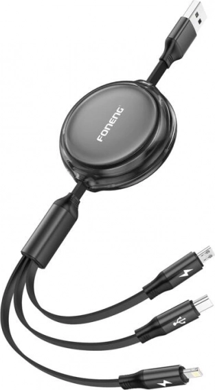 Foneng X113 câble de charge rétractable 3-en-1 1,1 m noir