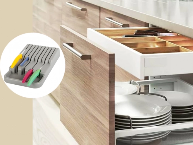 Organisateur de couteaux gris pour tiroir avec 9 compartiments