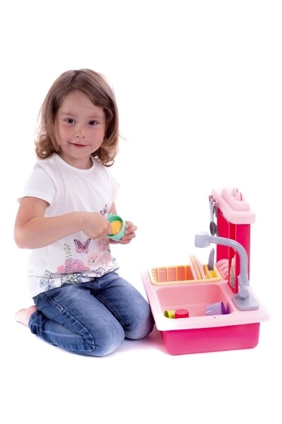 Évier rose pour laver la vaisselle + robinet d'eau à piles en plastique avec accessoires dans une boîte 46x28x12cm