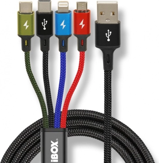 Câble de charge universel 4 en 1 avec USB‑C, micro USB et Lightning, 1,2 m, iBOX