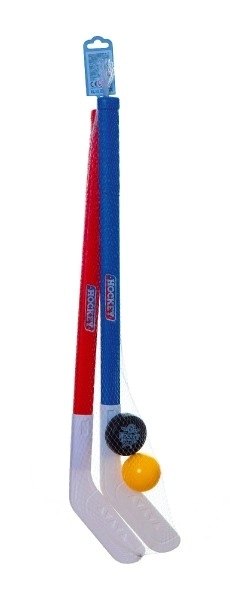 2 bâtons de hockey de 72 cm en plastique + balle de floorball + palet en plastique dans un filet