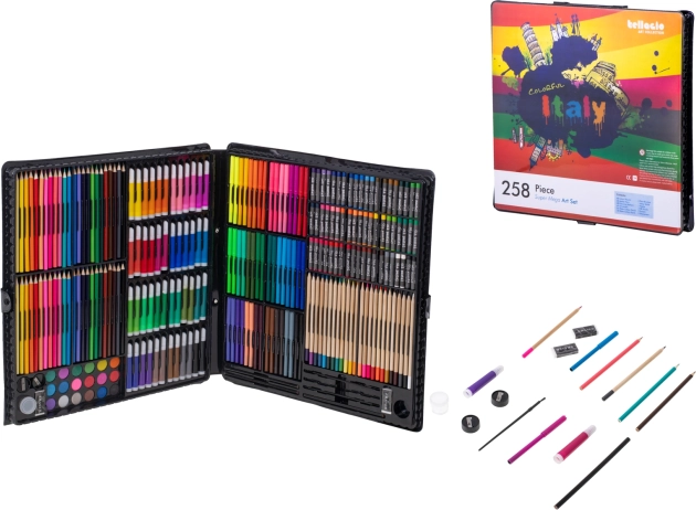 Coffret de peinture portable avec crayons, feutres et peintures – 258 pièces