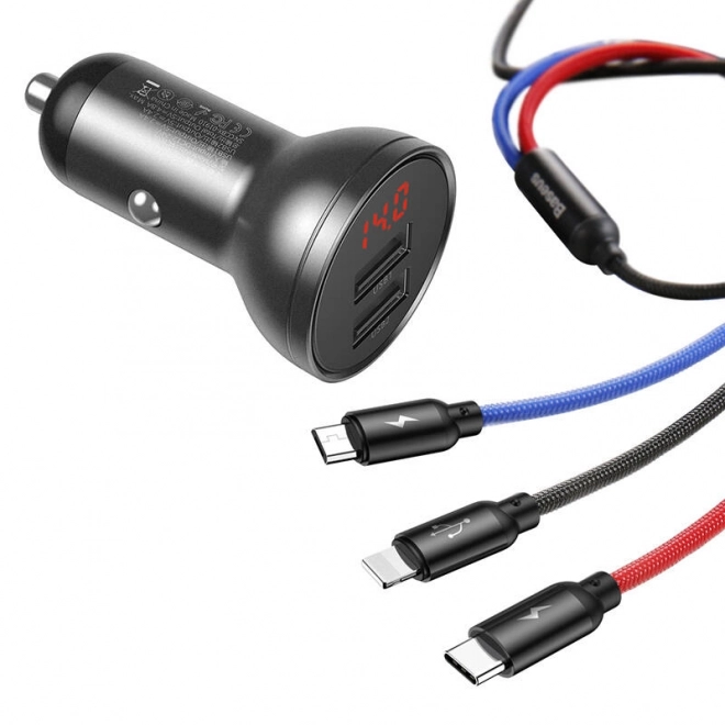 Chargeur de Voiture Baseus avec Écran et Câble USB 3en1 24W