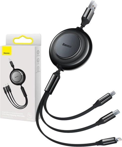 Câble enroulable 3-en-1 pour charge et données Baseus Bright Mirror II, USB-A vers Lightning/USB-C/micro USB, 3,5 A, 1,1 m, noir