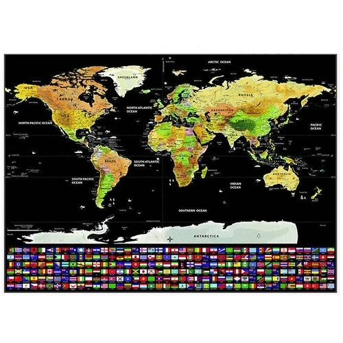 Carte du monde à gratter avec drapeaux et accessoires