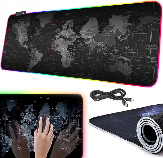 Tapis de souris gaming rétroéclairé RGB XXL Carte du monde 80 × 30 cm