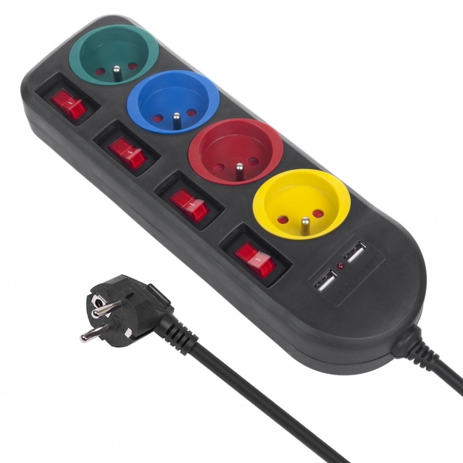 Rallonge d'alimentation avec interrupteurs 4 prises + 2xUSB câble d'extension MCE229B noir