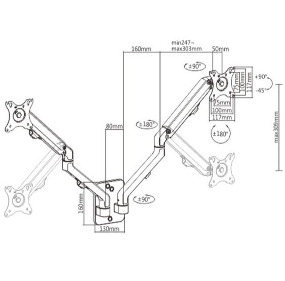 Support mural pour deux moniteurs, 17-27 pouces, charge maximale 7 kg