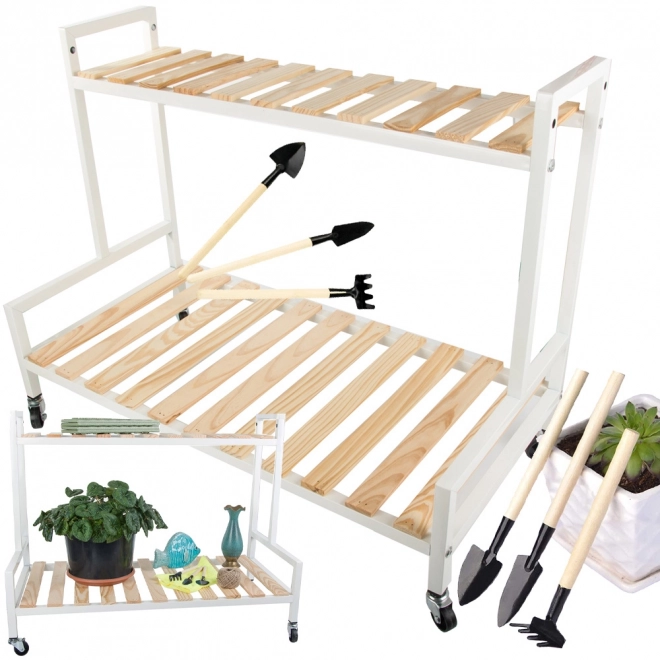 Étagère à fleurs à deux niveaux en bois sur roulettes