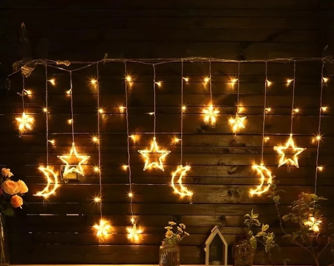 Rideau LED blanc chaud avec étoiles et lunes - 2,5 m, 138 LED