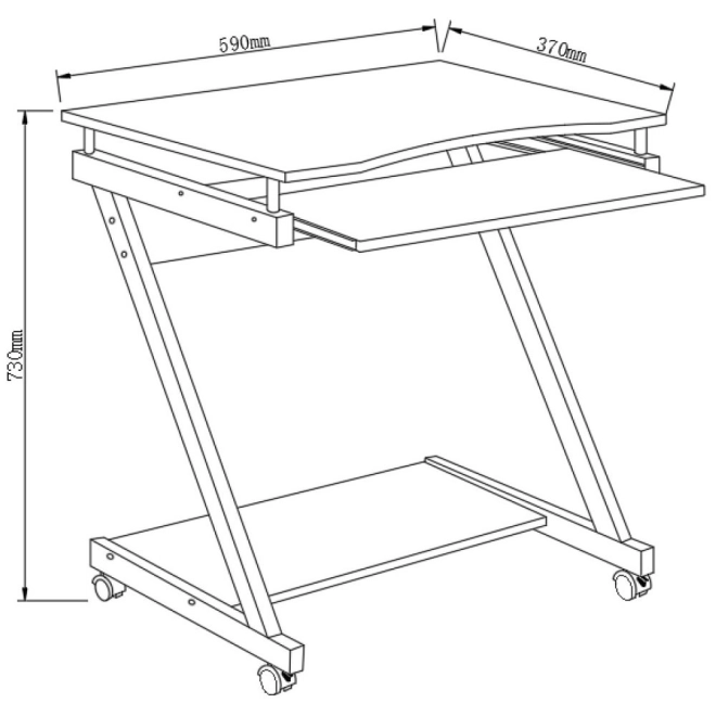 Bureau d'ordinateur moderne et compact avec tablette coulissante et roulettes