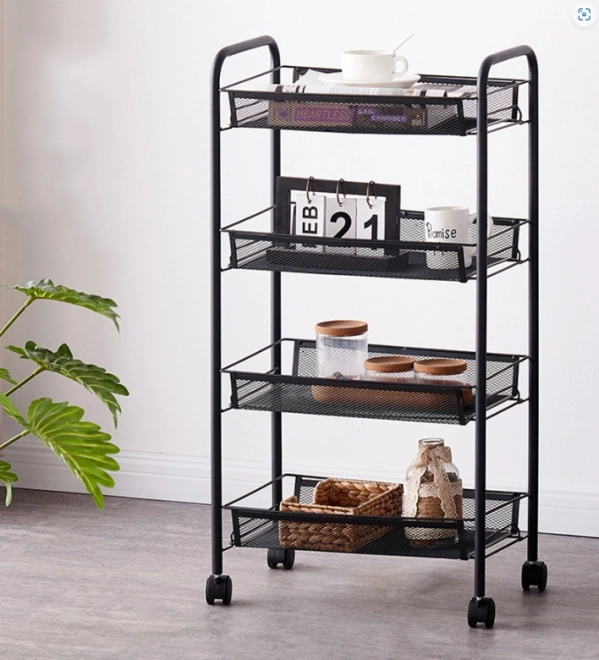 Chariot de salle de bain, étagère de cuisine avec quatre grands étagères - noir