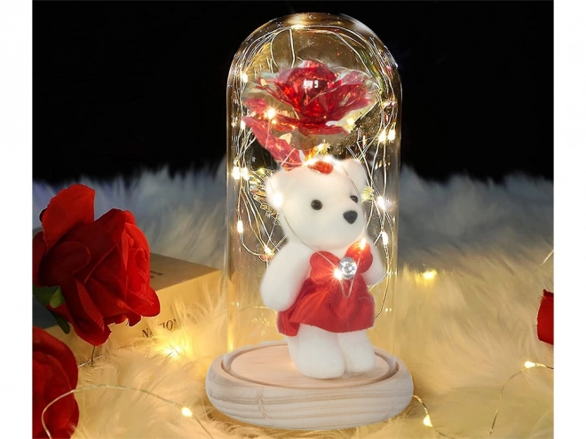 Rose éternelle avec ourson dans une boîte en verre