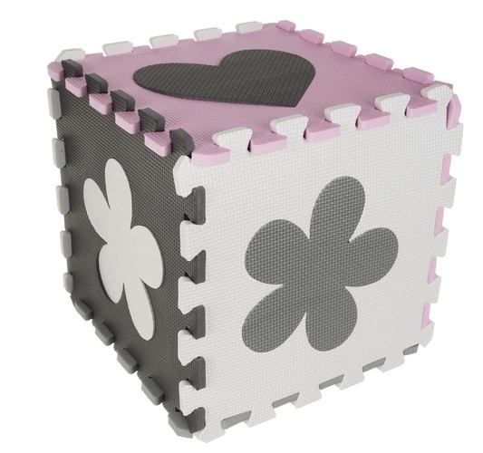 Puzzle en mousse rose contrastée avec cœurs et fleurs