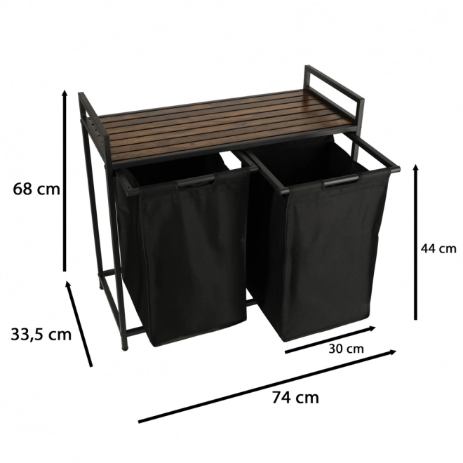 Panier à linge à deux compartiments avec étagère en bois noir Loft