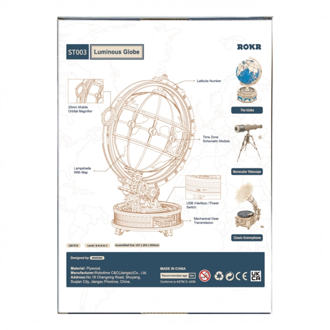 RoboTime Puzzle mécanique 3D en bois Globe lumineux