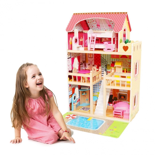 Maison de poupée en bois, meubles, piscine + éclairage ECOTOYS