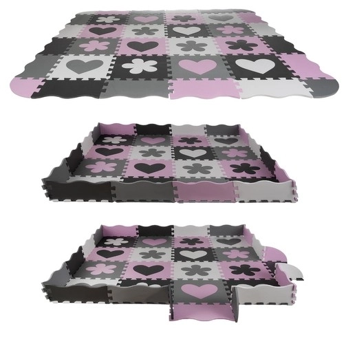 Puzzle en mousse rose contrastée avec cœurs et fleurs