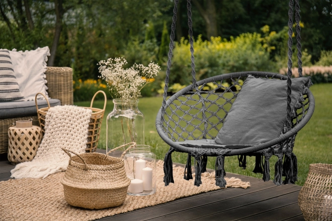 Chaise suspendue Boho avec coussin, balançoire de jardin, grise