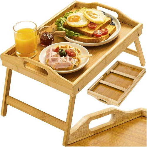 Table pliante en bambou pour lit avec fonction ordinateur portable