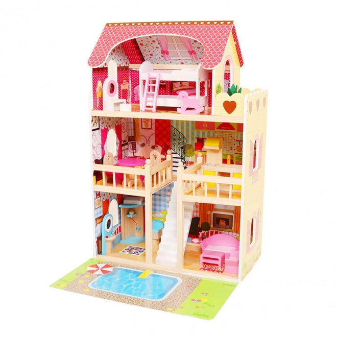 Maison de poupée en bois, meubles, piscine + éclairage ECOTOYS