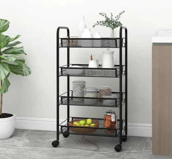 Chariot de salle de bain, étagère de cuisine avec quatre grands étagères - noir