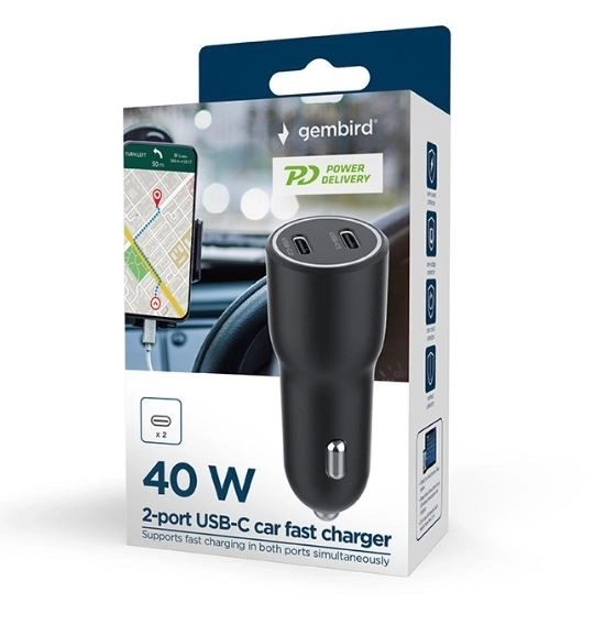 Chargeur de voiture avec 2x USB-C PD 40W noir