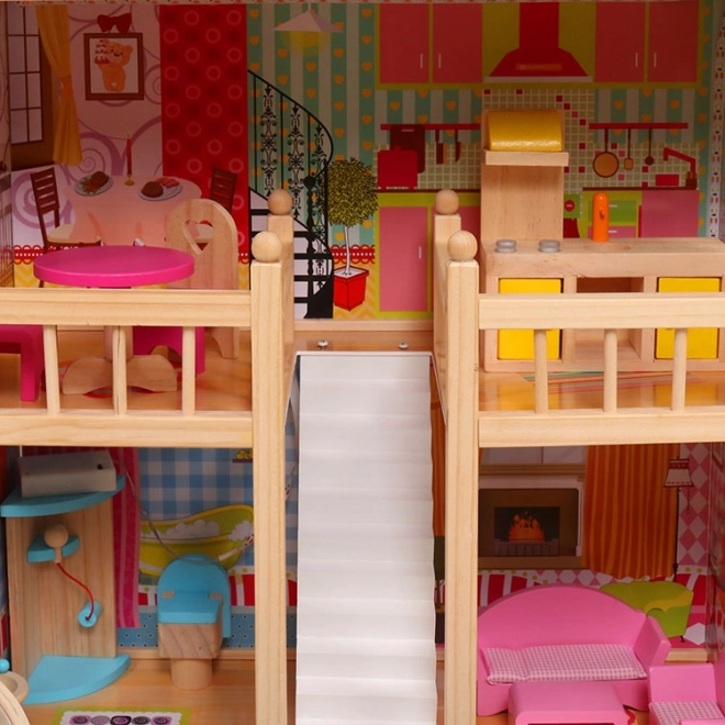Maison de poupée en bois, meubles, piscine + éclairage ECOTOYS