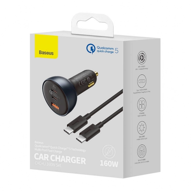 Chargeur de voiture Baseus Qualcomm, USB, 2x USB-C, 160 W (gris)