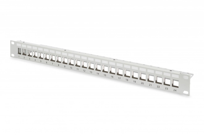 Panneau croisé modulaire 19" 24 ports pour modules keystone, 1U, blindé, avec gestion des câbles et champs de description, gris