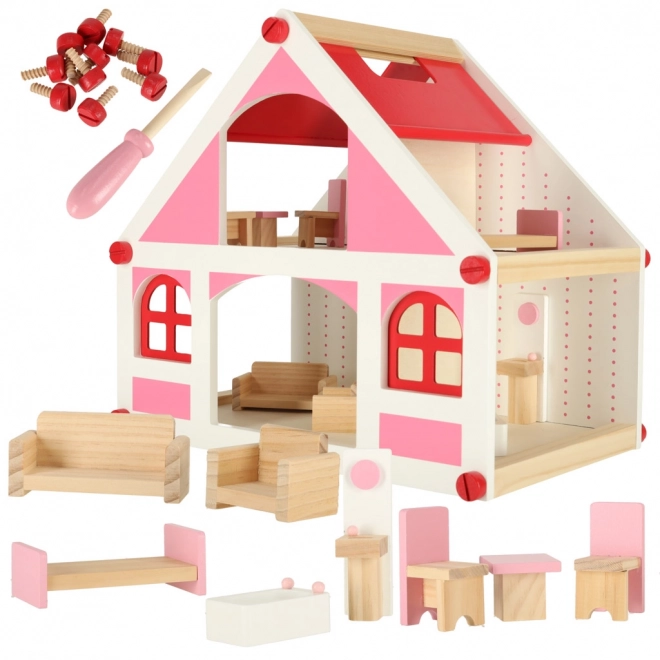 Maison de poupée en bois rose Montessori avec meubles et accessoires