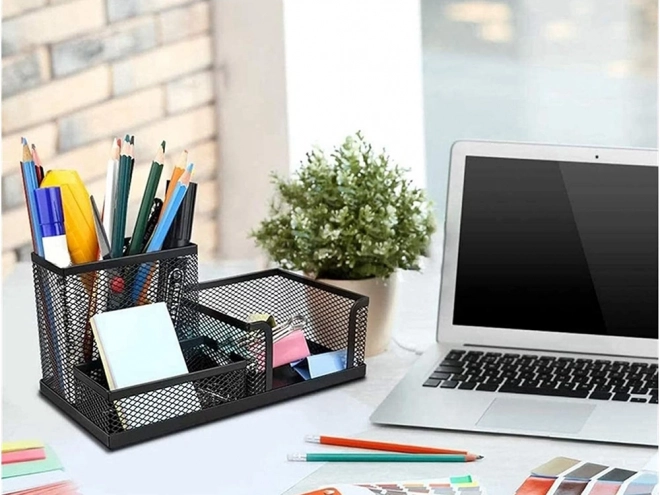 Organisateur de bureau en maille noire avec 3 compartiments