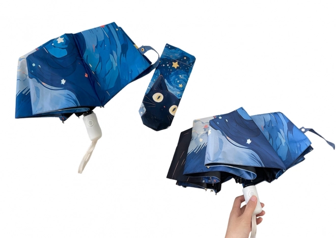 Parapluie pliant automatique bleu avec motif de chat