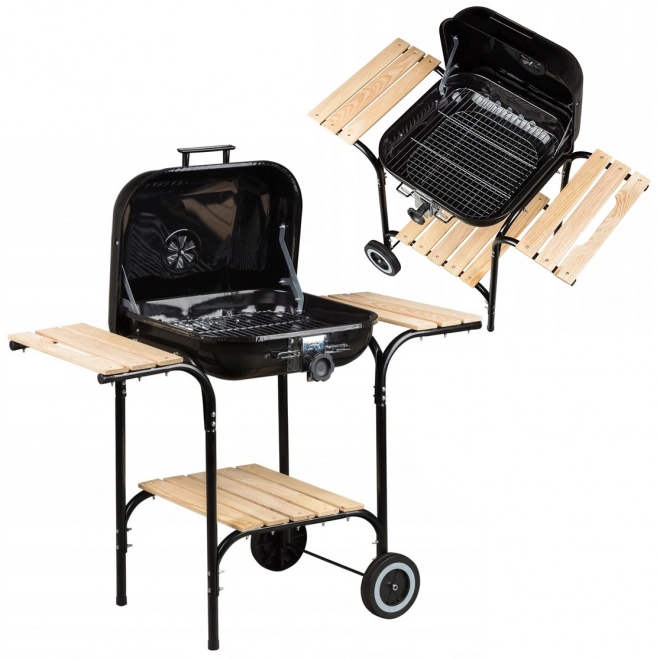 Grand barbecue de jardin avec grille réglable, étagères en bois
