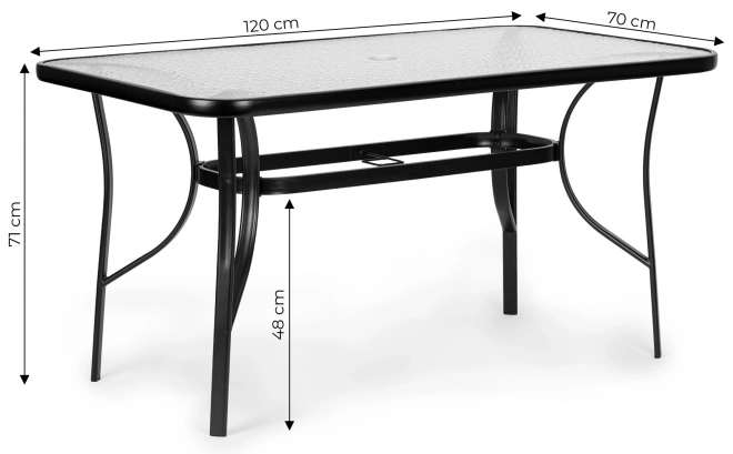 Table de jardin en verre avec trou pour parasol