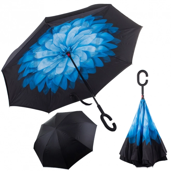 Parapluie inversé pliant avec structure robuste et fils résistants – Bleu