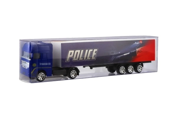 Camion avec remorque métal/plastique 20cm à mouvement libre assortiment de types en boîte plastique 20x5x3cm