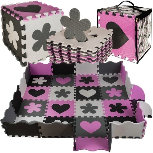Puzzle en mousse rose contrastée avec cœurs et fleurs
