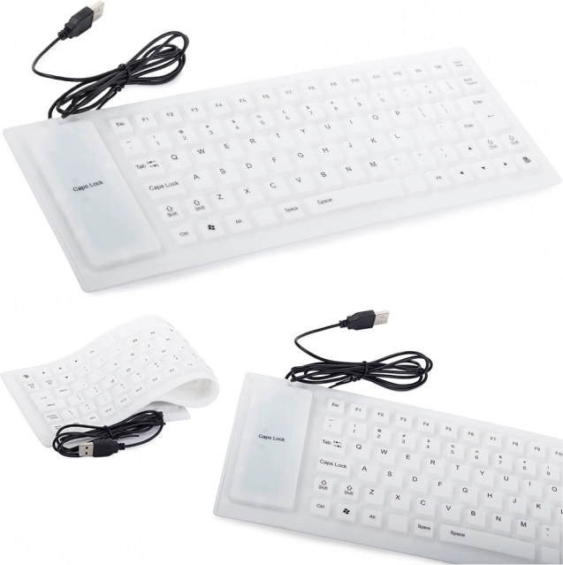 clavier silencieux en silicone USB, blanc, enroulable et étanche