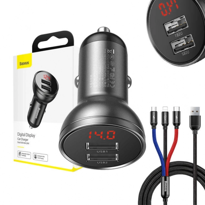 Chargeur de Voiture Baseus avec Écran et Câble USB 3en1 24W