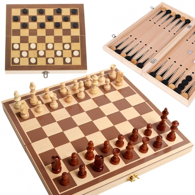 Ensemble de jeux en bois 3-en-1 : Échecs, Dames et Backgammon