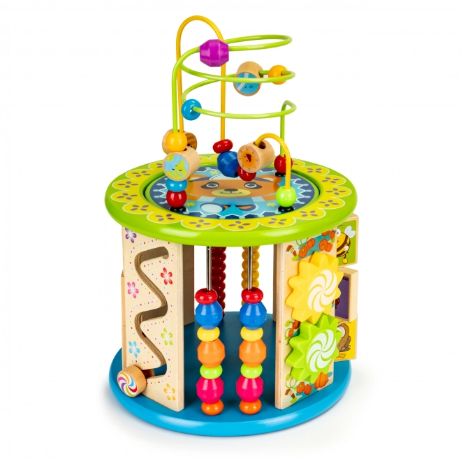 Cube en bois éducatif avec jeux, blocs, pêche
