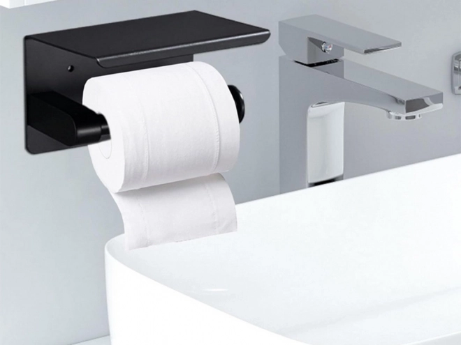 Support papier toilette en acier avec étagère pour téléphone noir