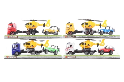 Camion avec hélicoptère et voiture tout-terrain