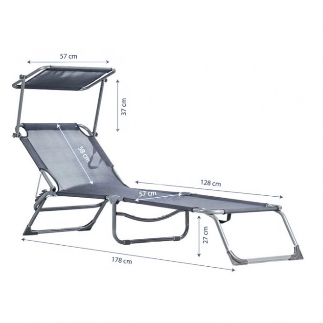 Transat, transat, chaise de jardin réglable avec auvent, gris