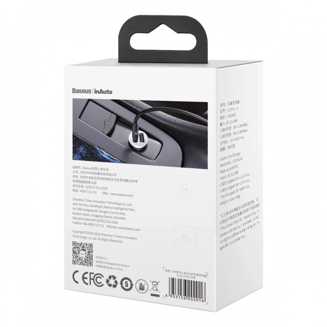 Chargeur de voiture 2x USB Baseus, 4,8A, blanc